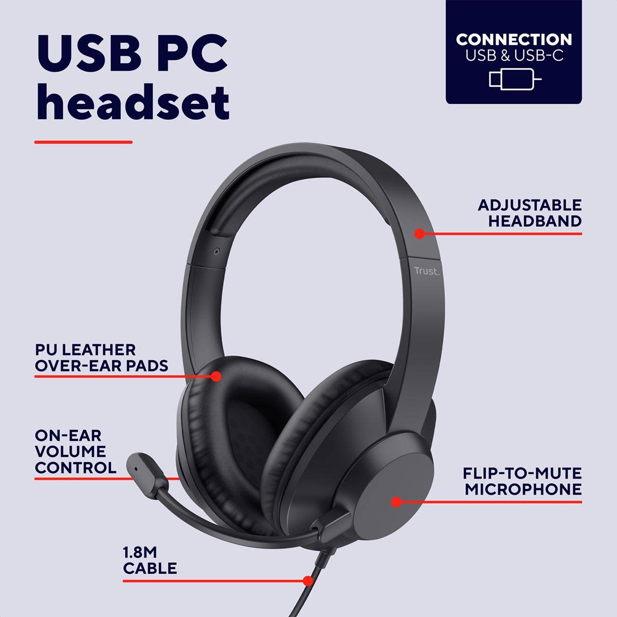 Trust Ayda Max Headset, over ear, USB aansluiting
