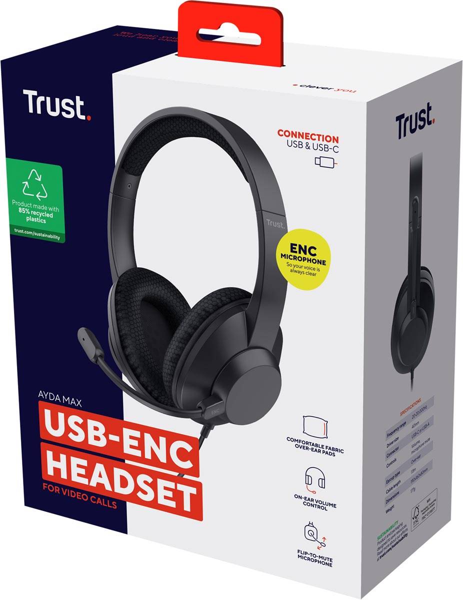 Trust Ayda Max Headset, over ear, USB aansluiting, noice cancelling