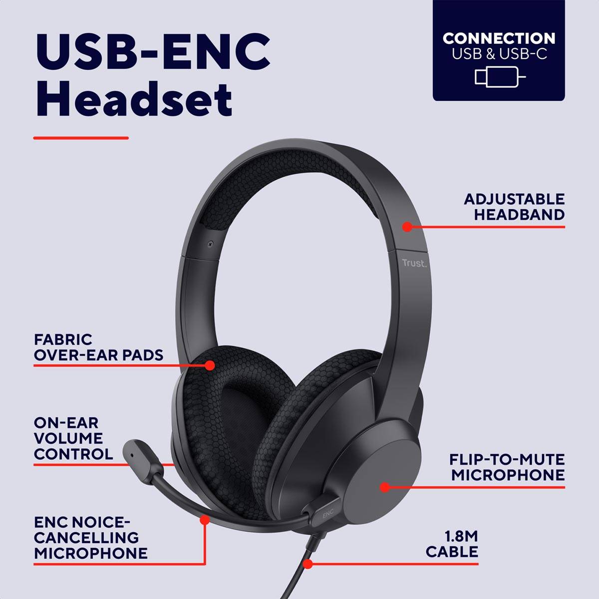 Trust Ayda Max Headset, over ear, USB aansluiting, noice cancelling