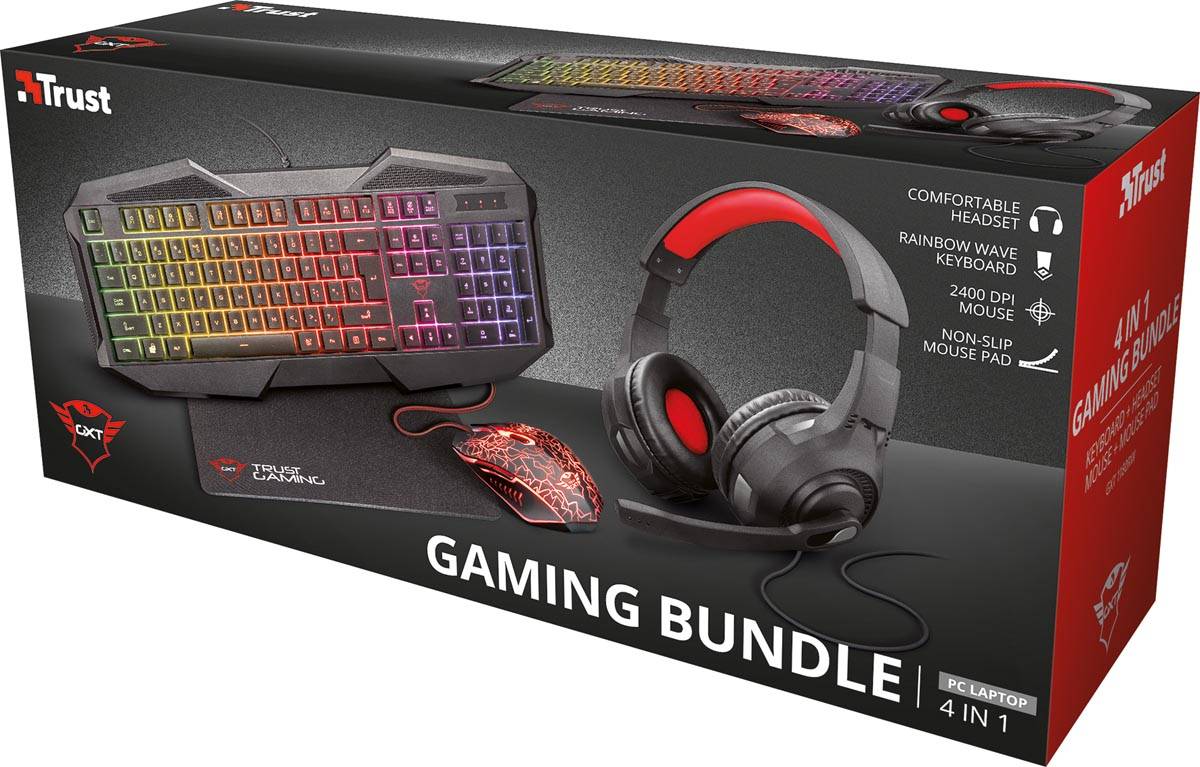 Trust GXT 1180RW 4-in-1 Gaming Set met headset, toetsenbord (azerty), muis en muismat