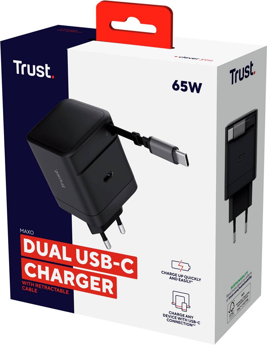 Trust Maxo intrekbare USB-C oplader, 65 W