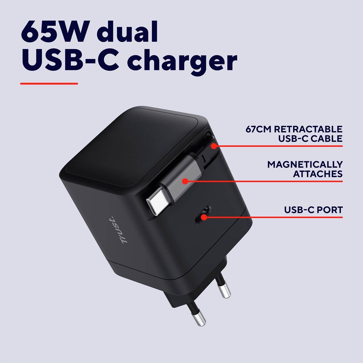 Trust Maxo intrekbare USB-C oplader, 65 W