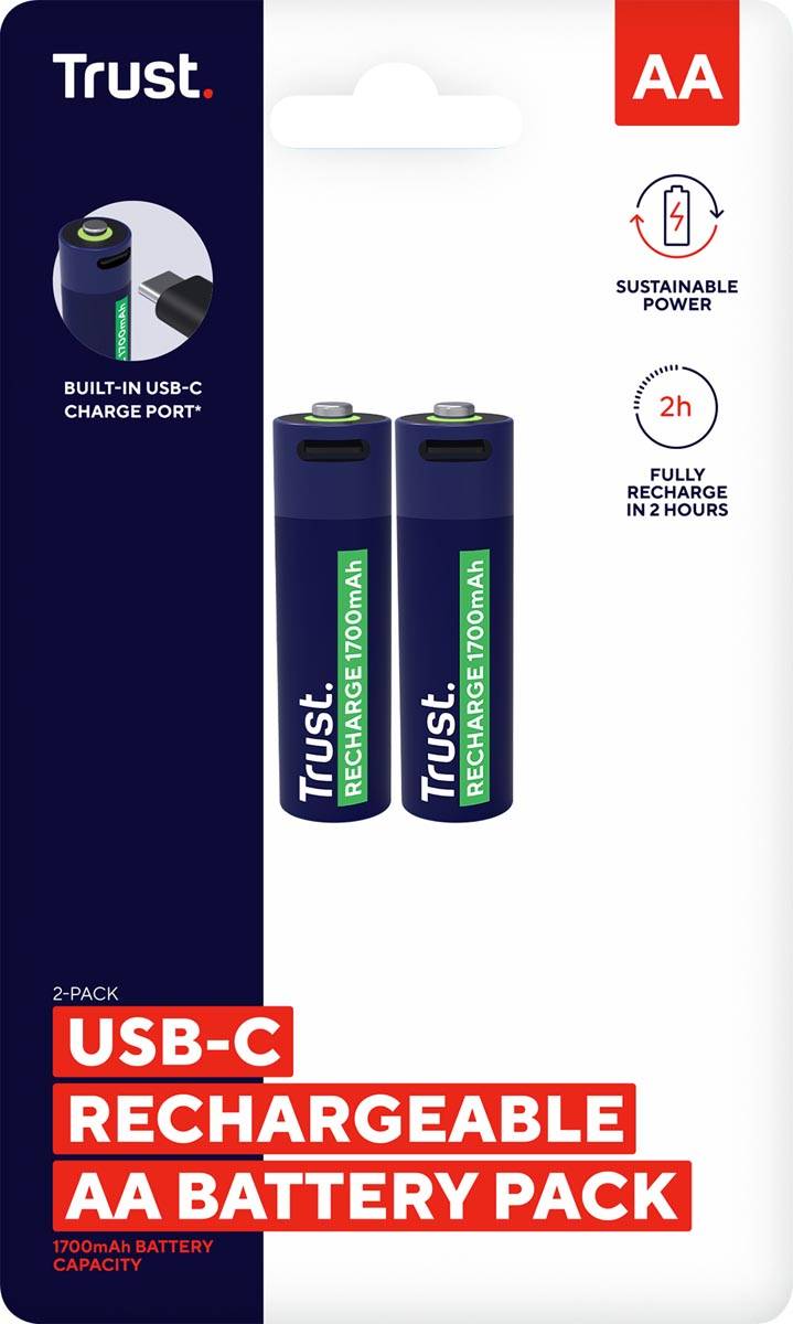 Trust USB-C herlaadbare batterijen AA, blister van 2 stuks