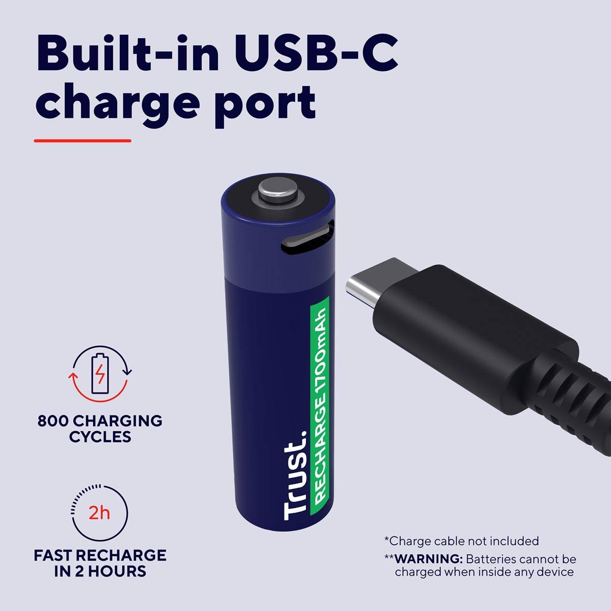 Trust USB-C herlaadbare batterijen AA, blister van 2 stuks