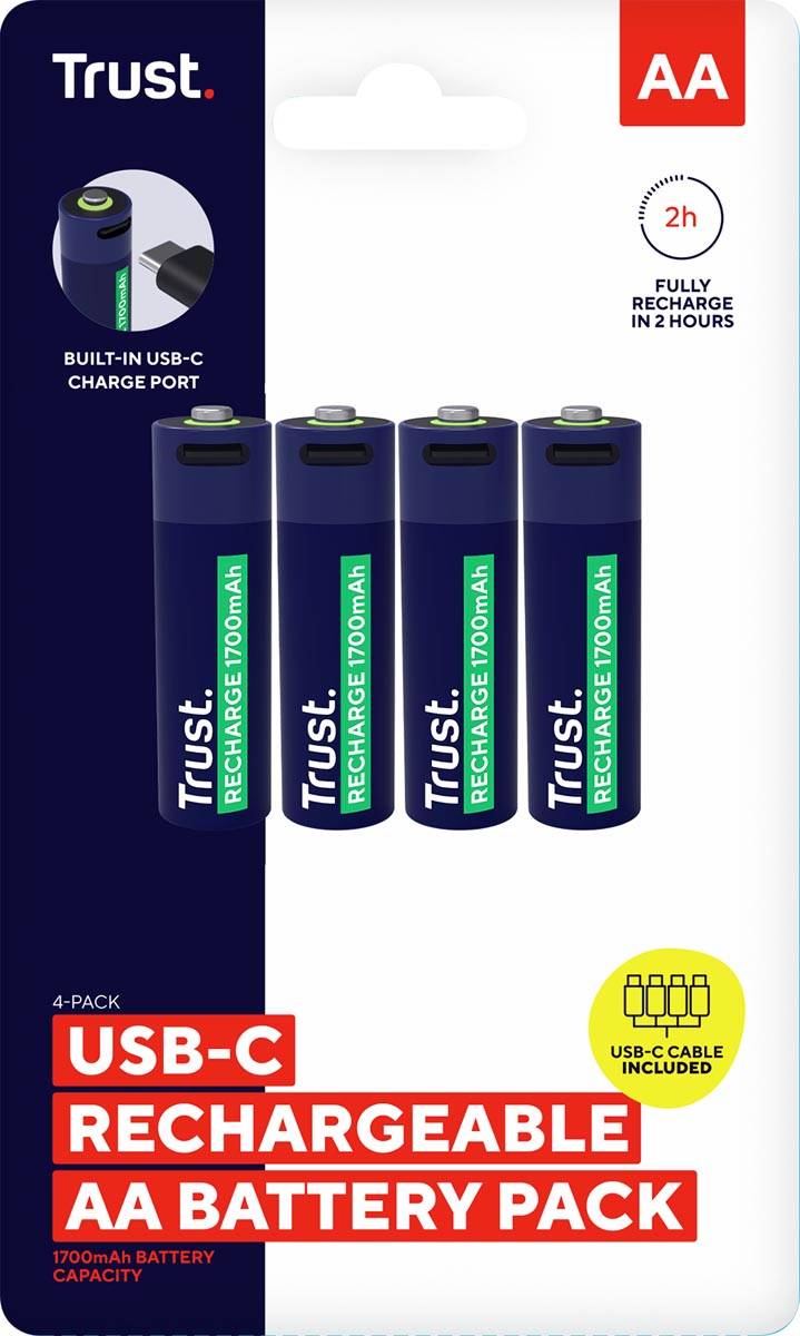 Trust USB-C herlaadbare batterijen AA, blister van 4 stuks