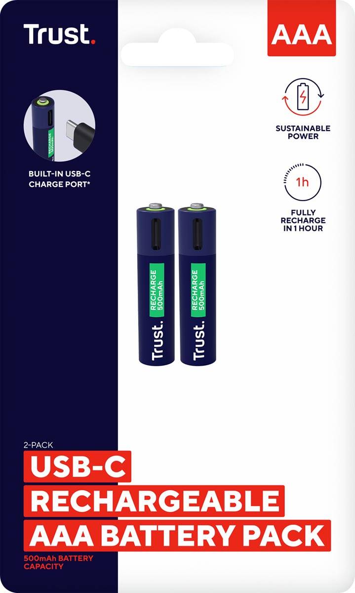 Trust USB-C herlaadbare batterijen AAA, blister van 2 stuks