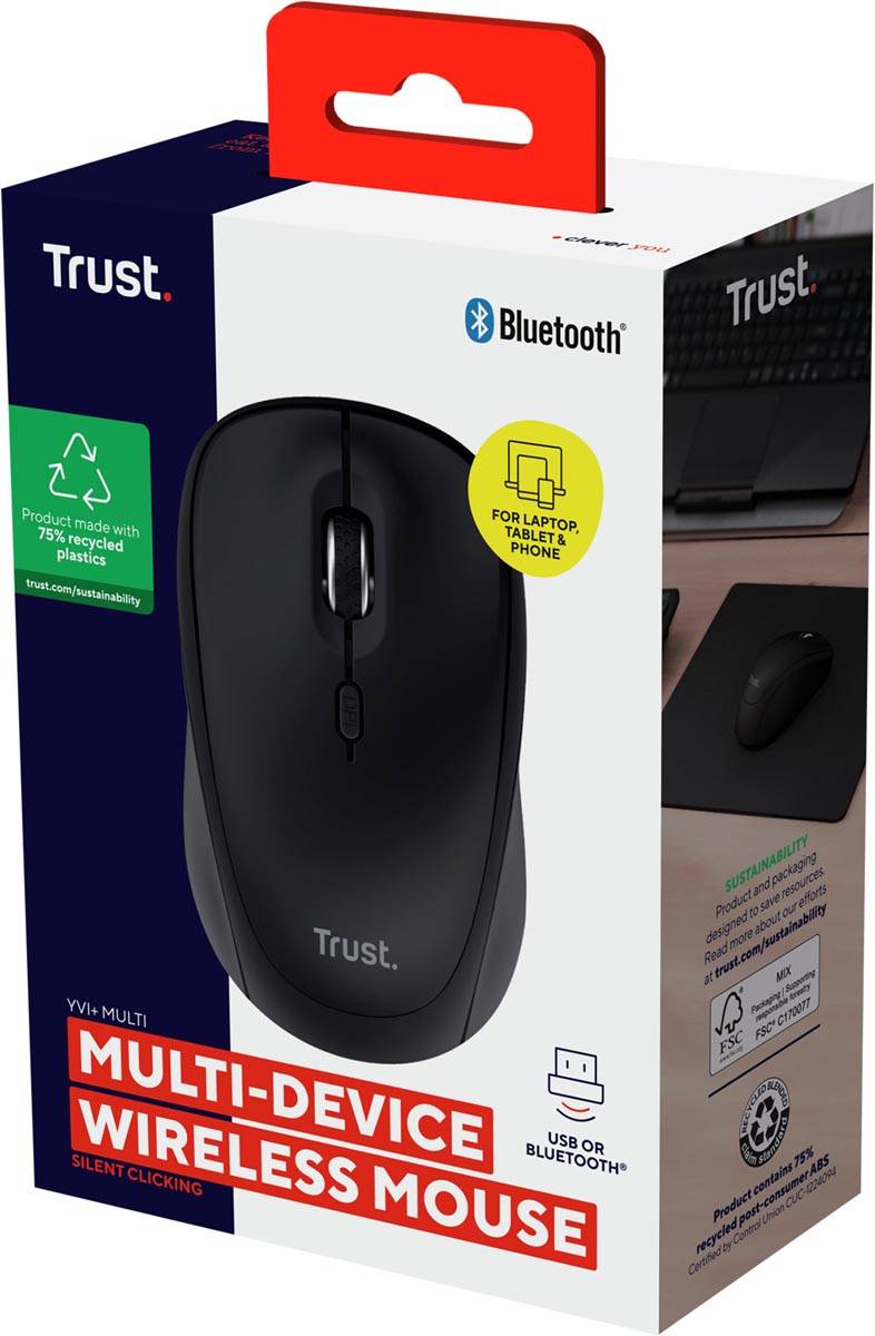 Trust YVI+ draadloze muis, multi-device, zwart