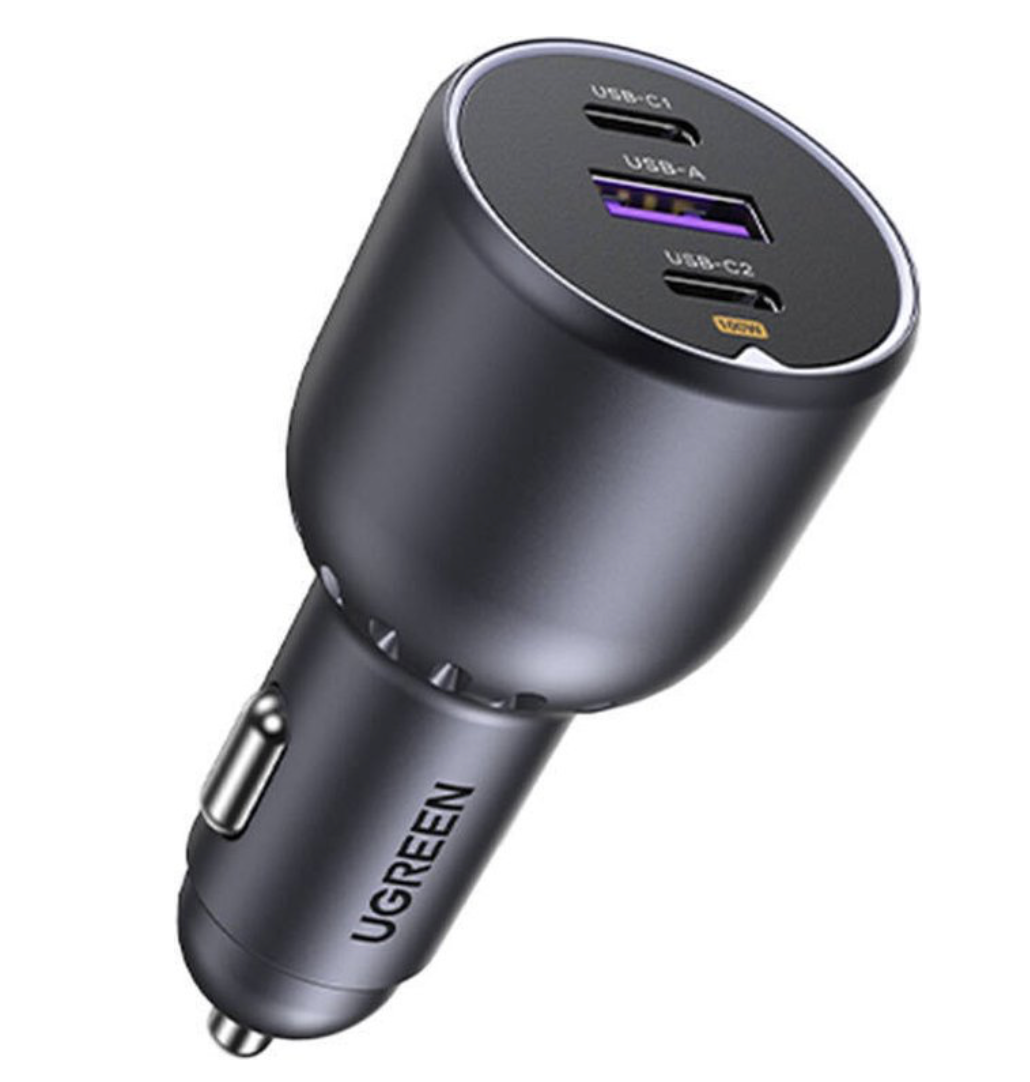 Ugreen 130W 3-Port Fast Car Char gray Hoofdtelefoons, Mobiele computer, Mobiele telefoon, Laptop, Powerbank, Telefoon Grijs Sigarettenaansteker Auto