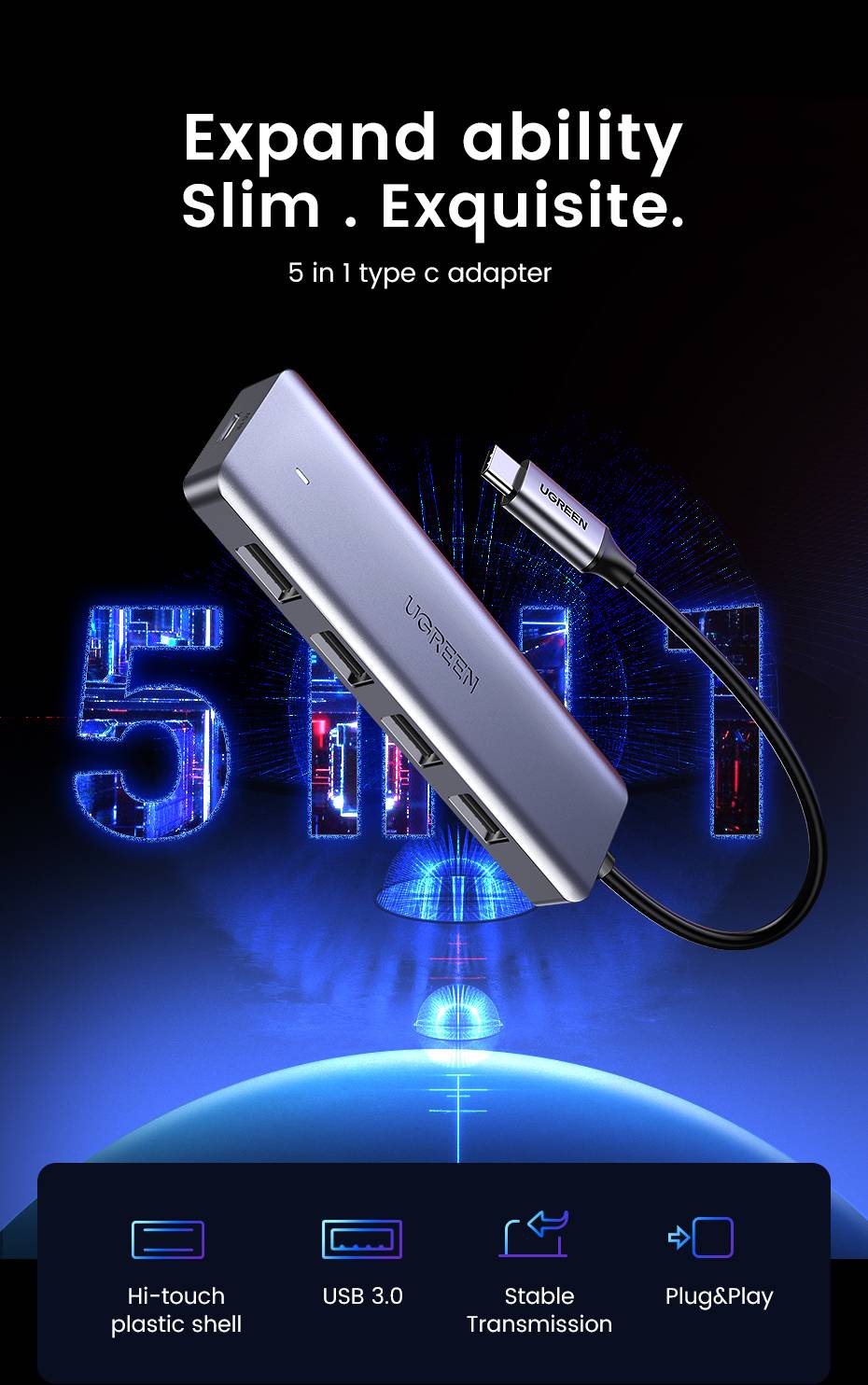 Ugreen 70336 interface hub USB 3.2 Gen 1 (3.1 Gen 1) Type-C 5000 Mbit/s