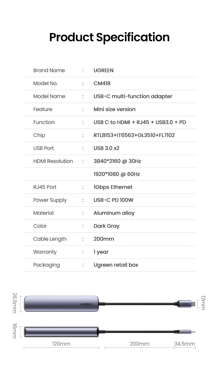 Ugreen 10919 laptop dock & poortreplicator Bedraad USB 3.2 Gen 1 (3.1 Gen 1) Type-C Grijs