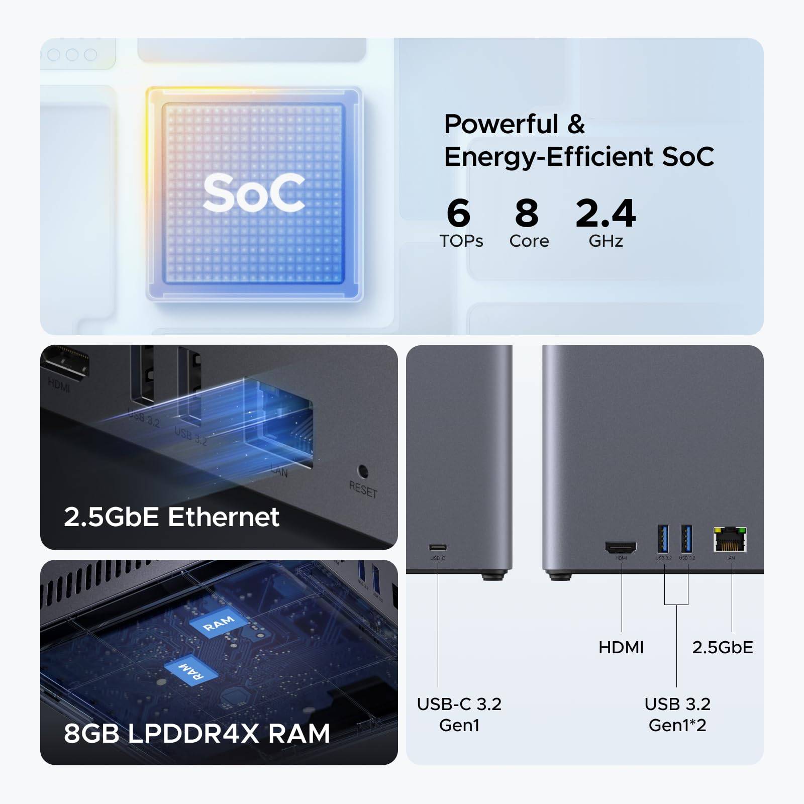 Ugreen DH4300 Plus NAS Mini Tower 8 GB LPPDDR4X UGOS Pro Grijs