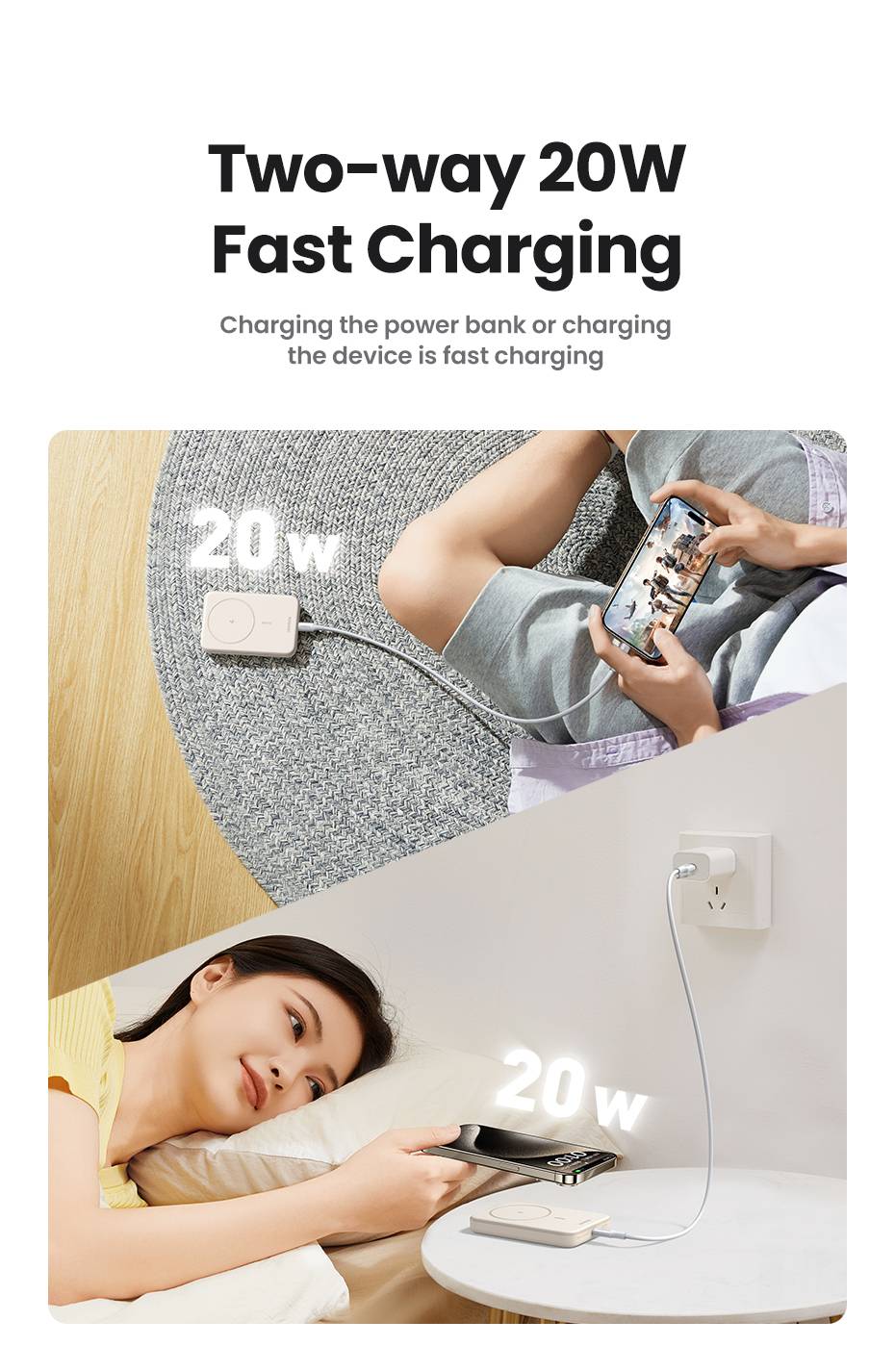 Ugreen 25208 powerbank 10000 mAh Draadloos opladen Beige