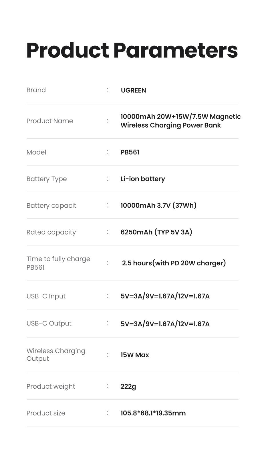 Ugreen 25208 powerbank 10000 mAh Draadloos opladen Beige