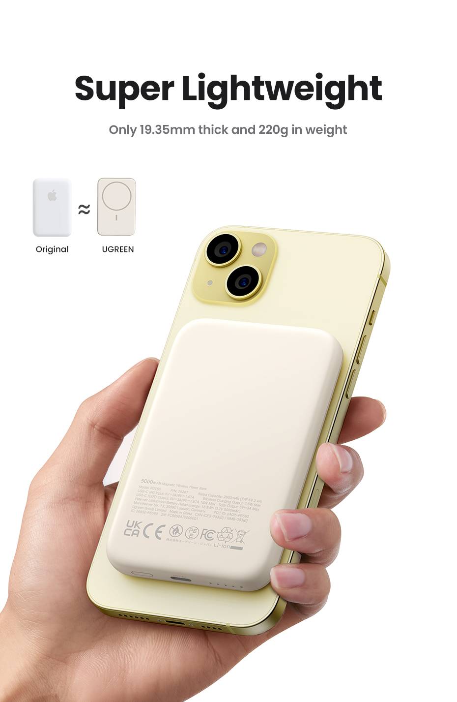 Ugreen 25208 powerbank 10000 mAh Draadloos opladen Beige