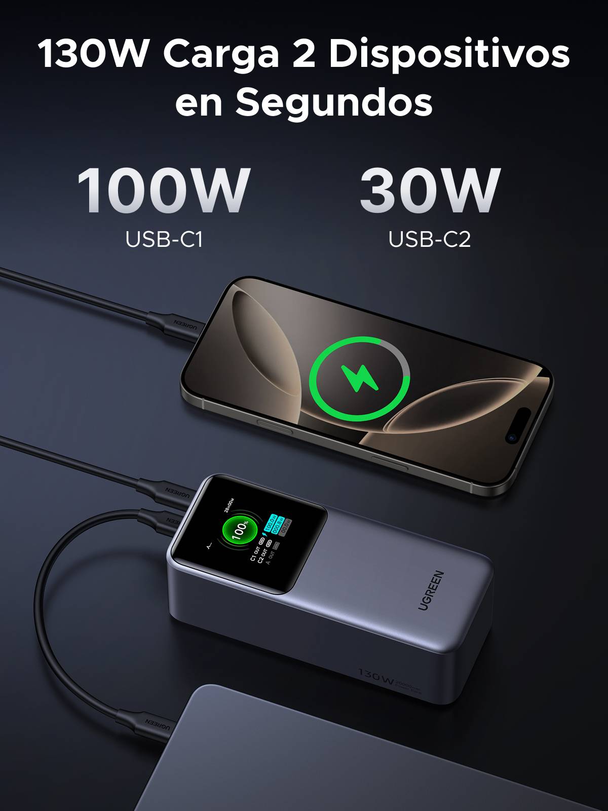 Ugreen 20000mAh 130W Fast Charging Powerbank Lithium Grijs