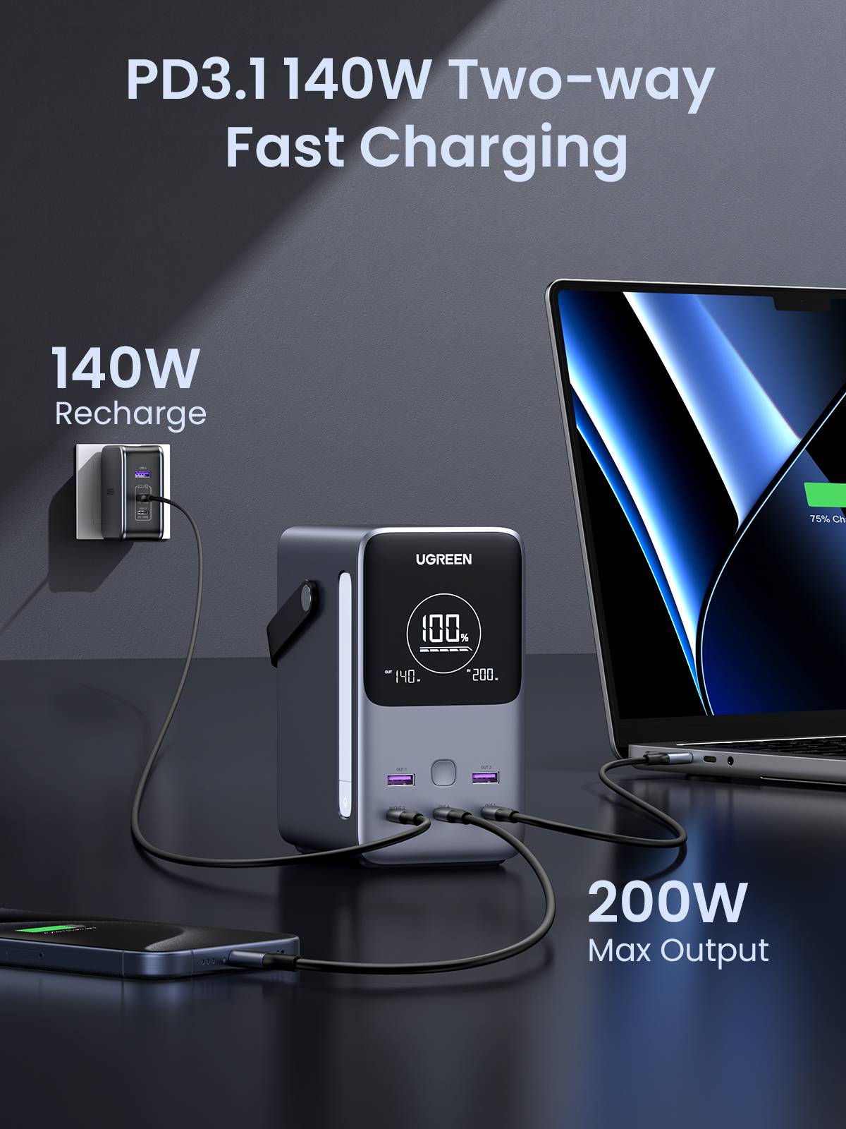 Ugreen Nexode Power Bank 48000 mAh Lithium Grijs