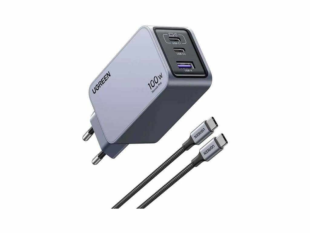 Ugreen Nexode Pro EU 3-Port GaN PD Fast Charger With USB-C Cable Universeel Zwart, Grijs AC Snel opladen Binnen