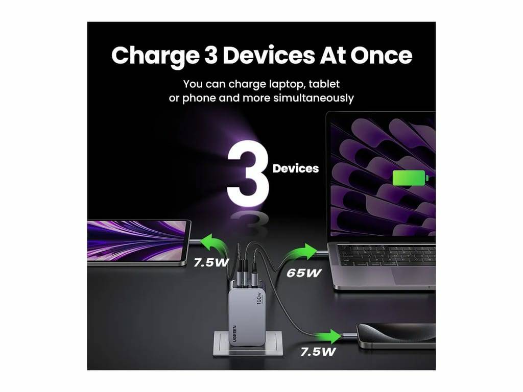 Ugreen Nexode Pro EU 3-Port GaN PD Fast Charger With USB-C Cable Universeel Zwart, Grijs AC Snel opladen Binnen
