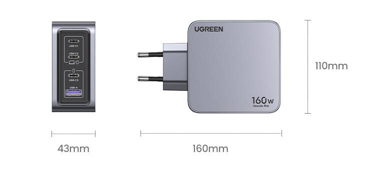 Ugreen Nexode Pro 160W GaN Charger with USB-C Cable Universeel Zwart, Grijs AC Snel opladen Binnen