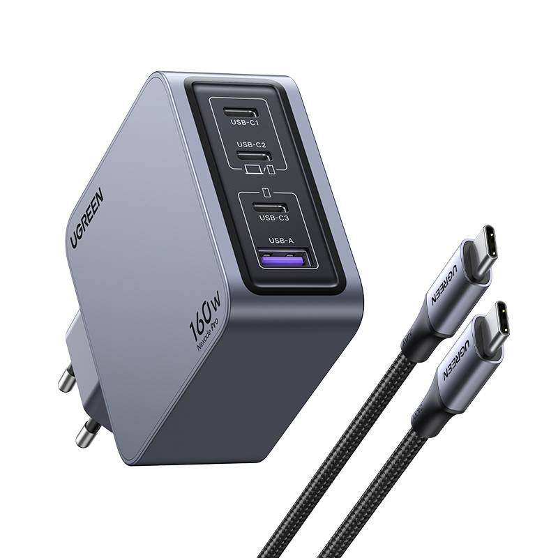 Ugreen Nexode Pro 160W GaN Charger with USB-C Cable Universeel Zwart, Grijs AC Snel opladen Binnen