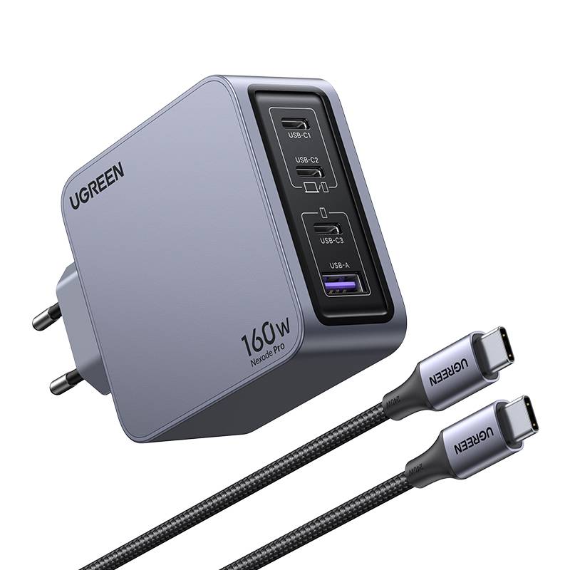 Ugreen Nexode Pro 160W GaN Charger with USB-C Cable Universeel Zwart, Grijs AC Snel opladen Binnen