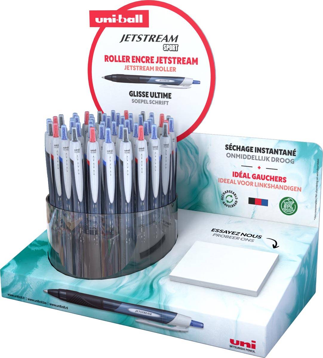 Uni-ball Jetstream roller Eco, intrekbaar, schrijfbreedte 0,85 mm, assorti, display van 48 stuks