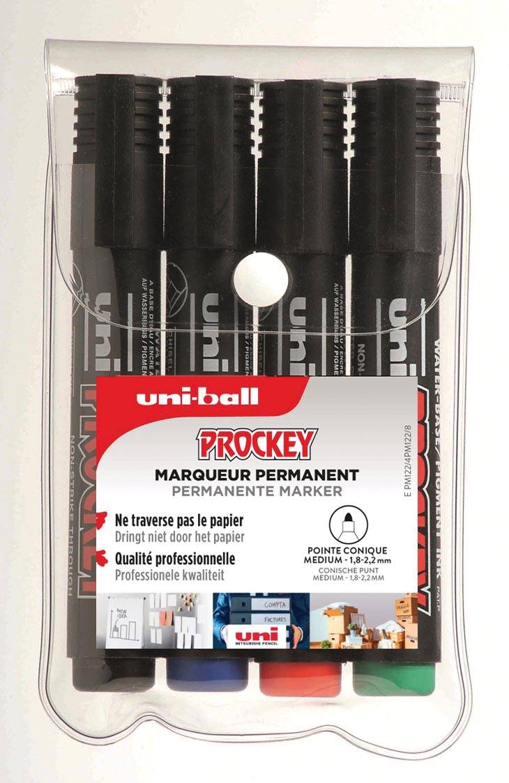 Uni-ball permanent marker Prockey PM-122, ronde punt, medium, etui van 4 stuks