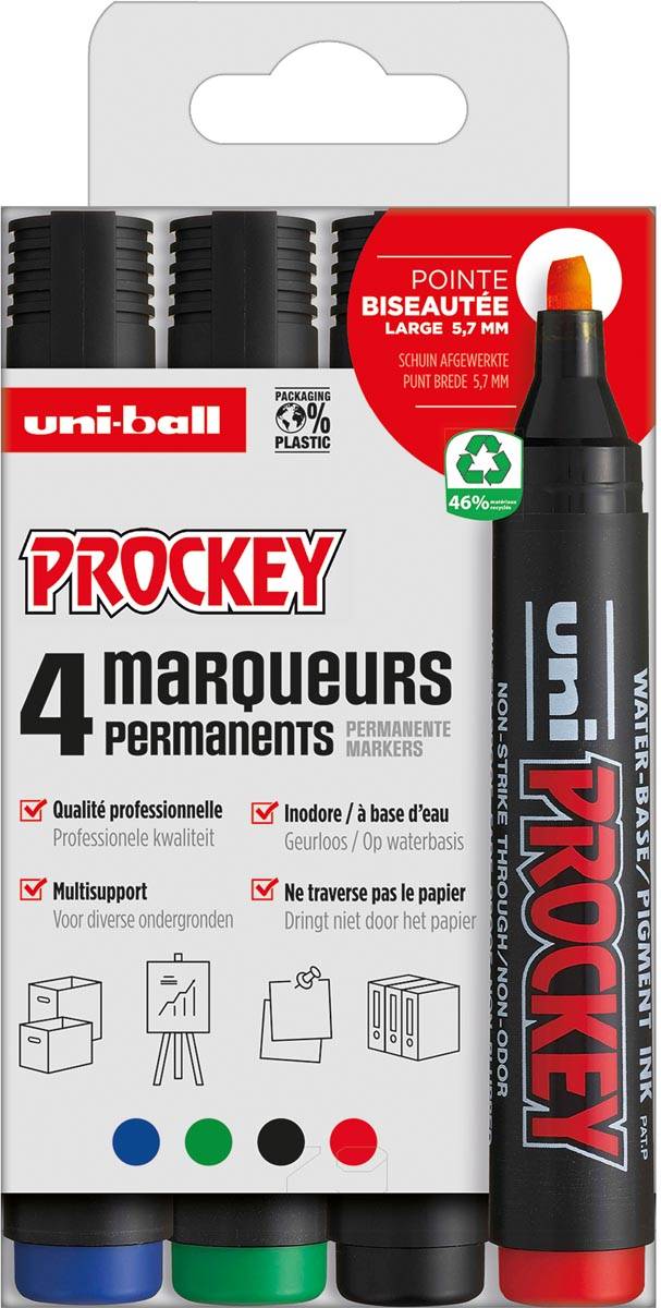Uni-ball permanent marker Prockey PM-126, schuine punt, large, etui van 4 stuks