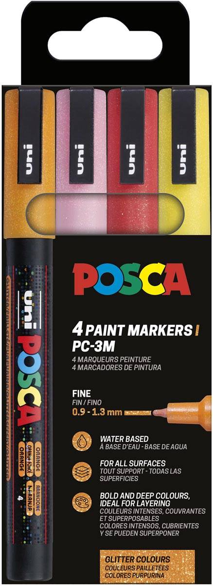 Uni POSCA paintmaker PC-3ML, 1,5 mm, glitter, etui van 4 stuks oranje, roze, rood en geel