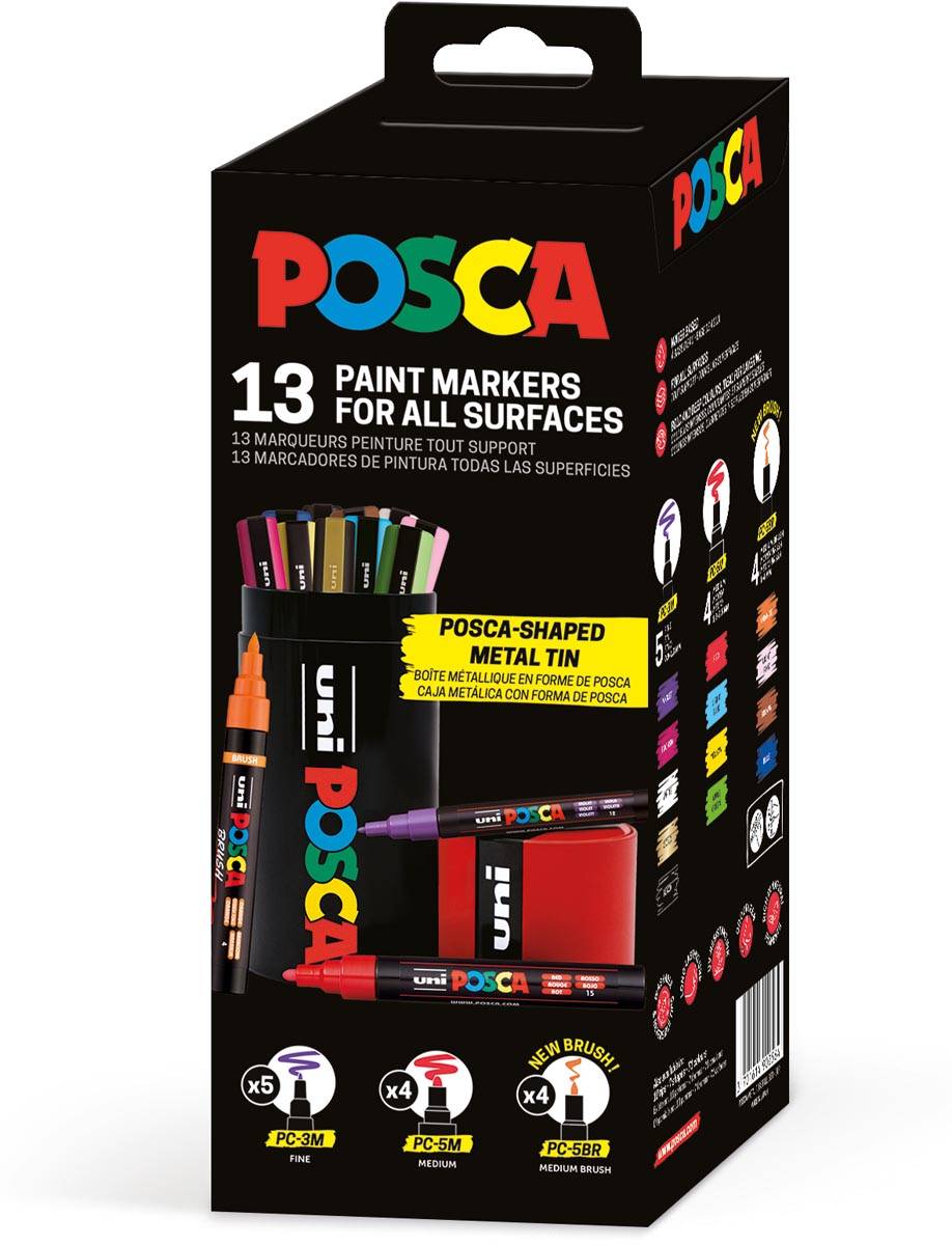 Uni Posca paintmarker, assorti, metalen koker van 13 stuks