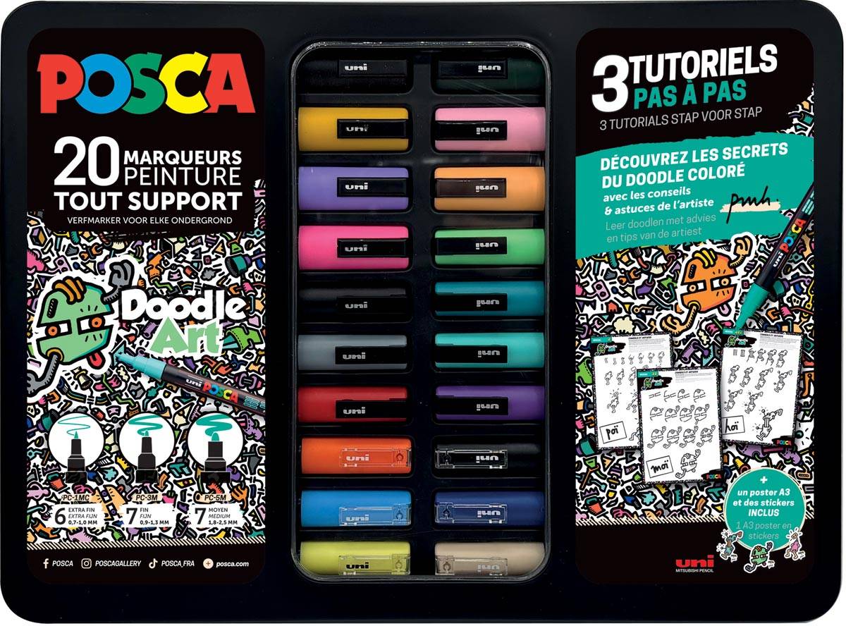 Uni Posca paintmarker Doodle Art, verschillende punten, metalen koffer van 20 stuks