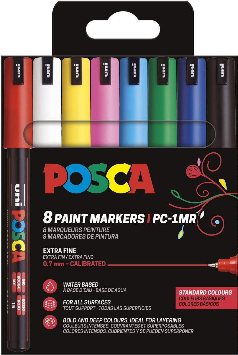 Uni POSCA paintmarker PC-1MR, 0,7 mm, etui van 8 stuks in geassorteerde basiskleuren