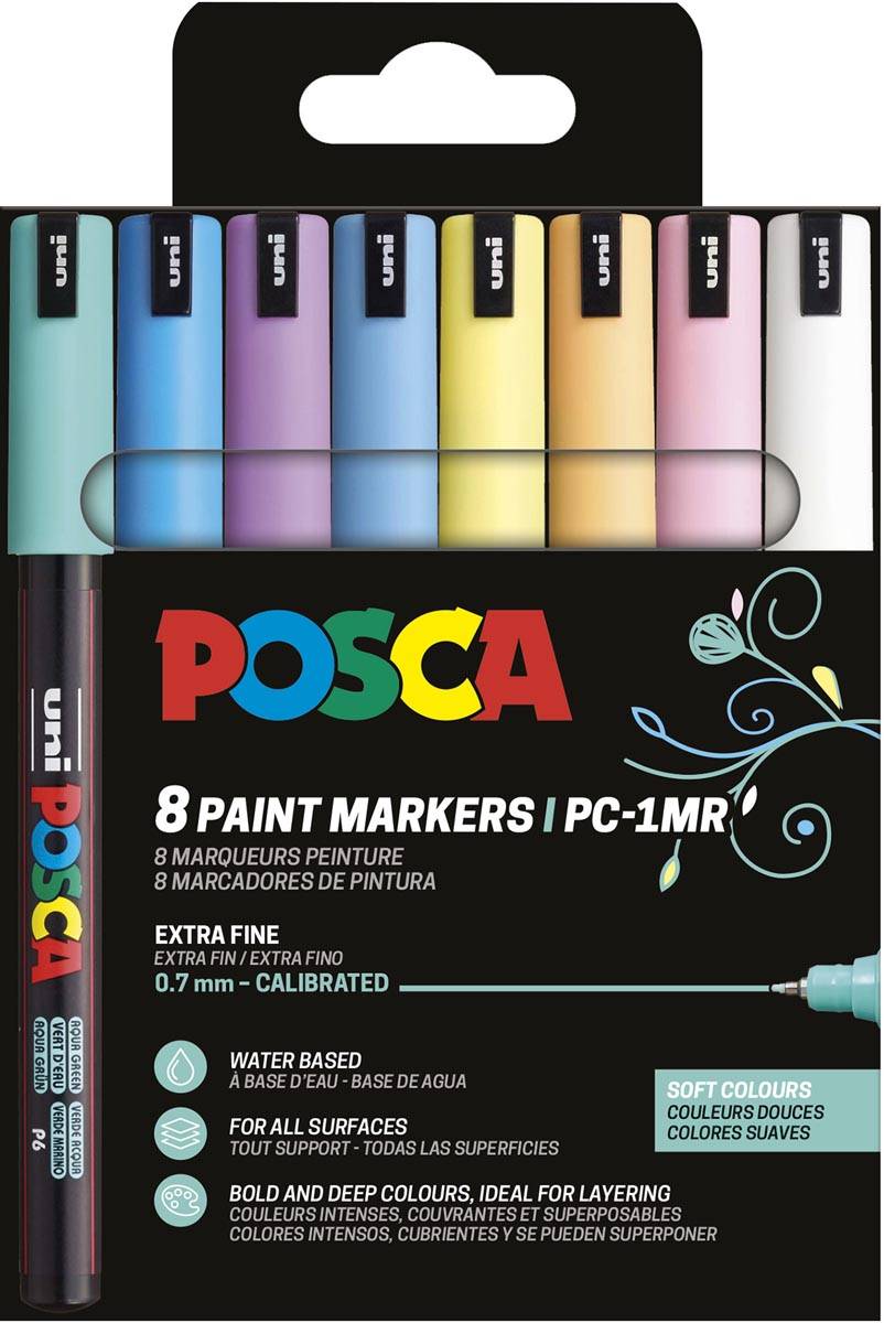 Uni POSCA paintmarker PC-1MR, 0,7 mm, etui van 8 stuks in geassorteerde zachte kleuren