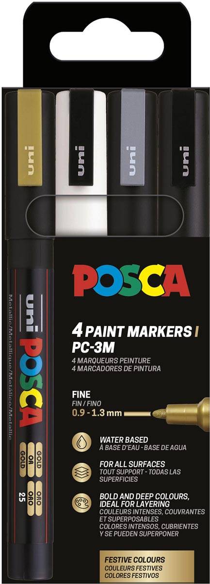 Uni POSCA paintmarker PC-3M, 1,5 mm, etui van 4 stuks in goud, wit, zilver en zwart