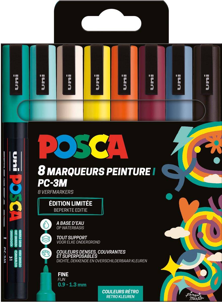 Uni POSCA paintmarker PC-3M, 1,5 mm, etui van 8 stuks in geassorteerde Retro kleuren