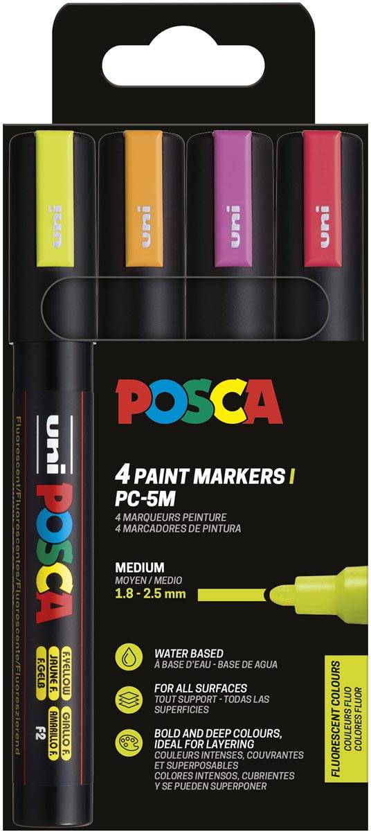 Uni POSCA paintmarker PC-5M, 1,8 - 2,5 mm, etui van 4 stuks in fluo kleuren