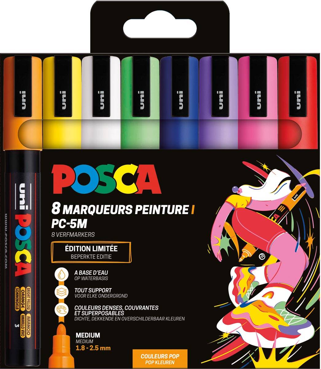 Uni POSCA paintmarker PC-5M, 1,8 - 2,5 mm, etui van 8 stuks in geassorteerde Pop kleuren