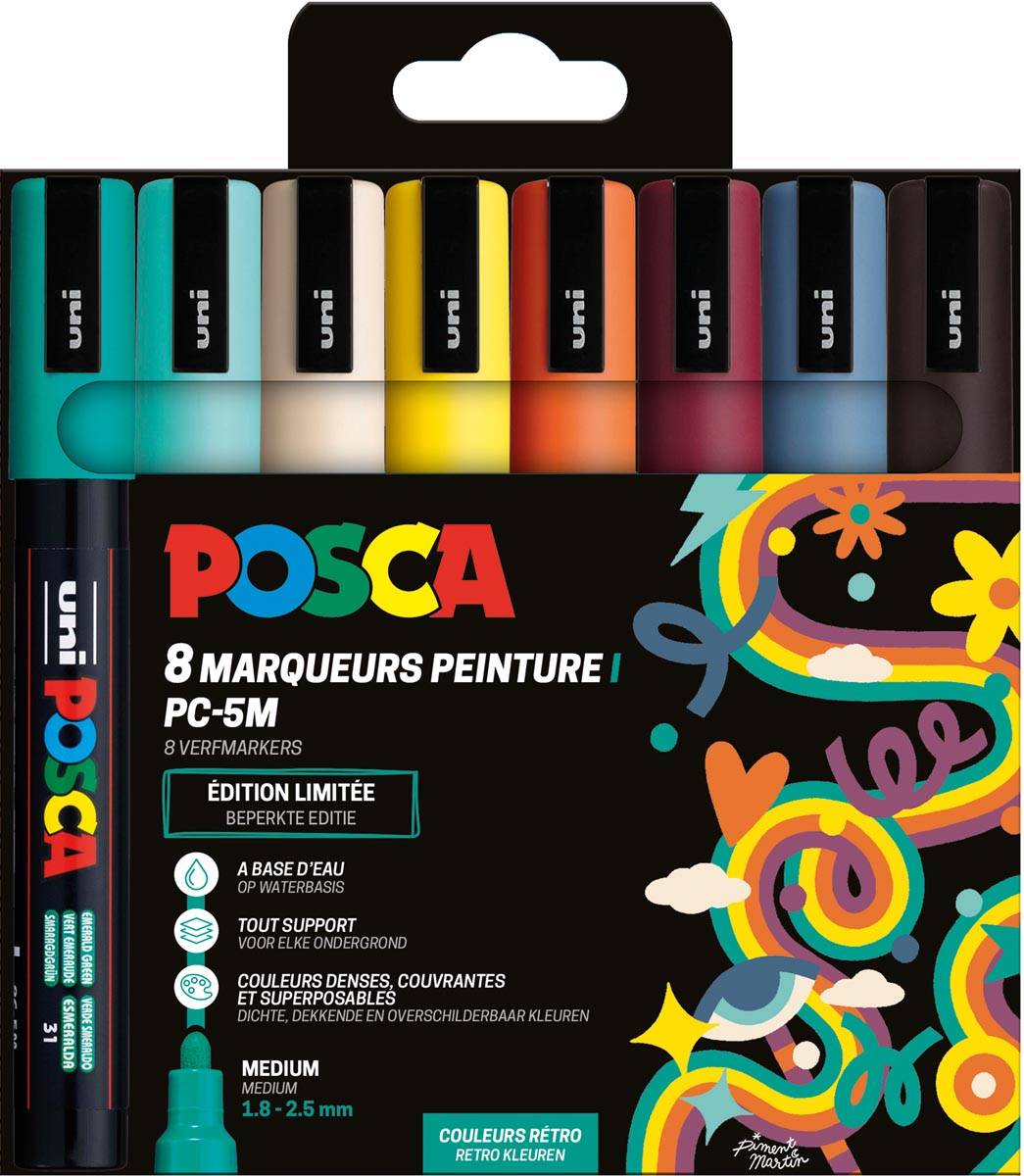 Uni POSCA paintmarker PC-5M, 1,8 - 2,5 mm, etui van 8 stuks in geassorteerde Retro kleuren