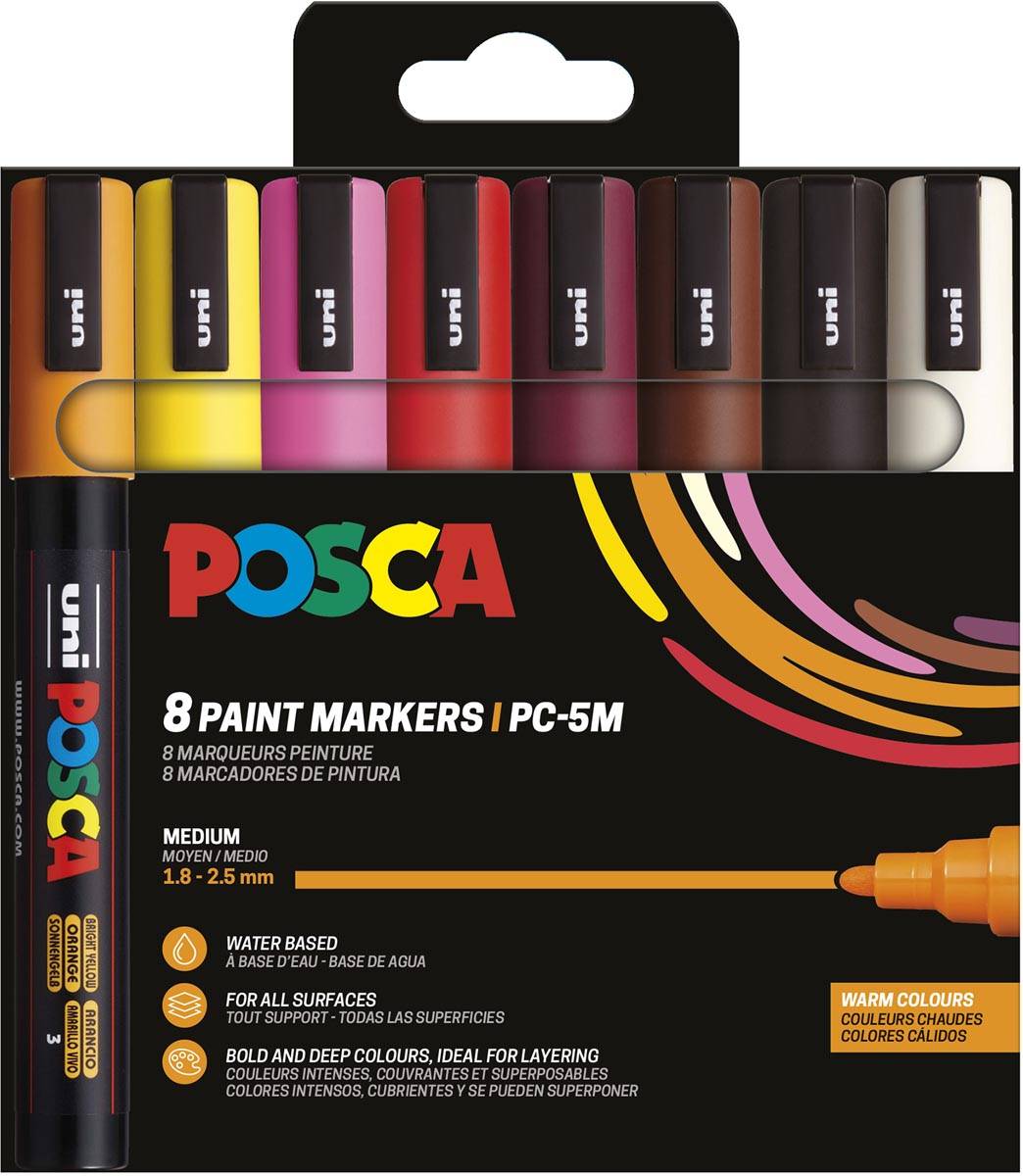 Uni POSCA paintmarker PC-5M, 1,8 - 2,5 mm, etui van 8 stuks in warme kleuren