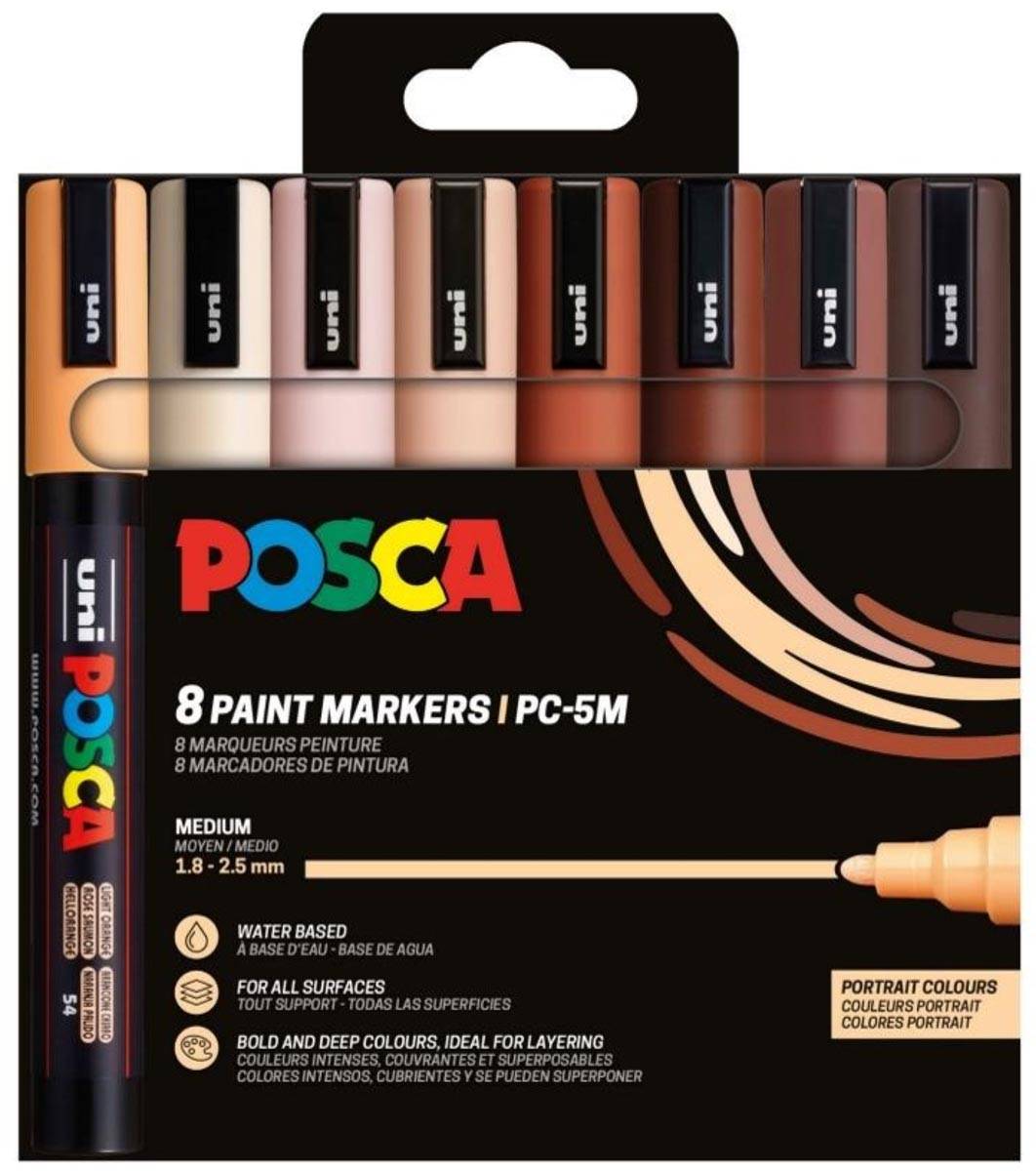 Uni Posca paintmarker PC-5M, 1,8 - 2,5 mm, ronde punt, portretkleuren, blister van 8 stuks