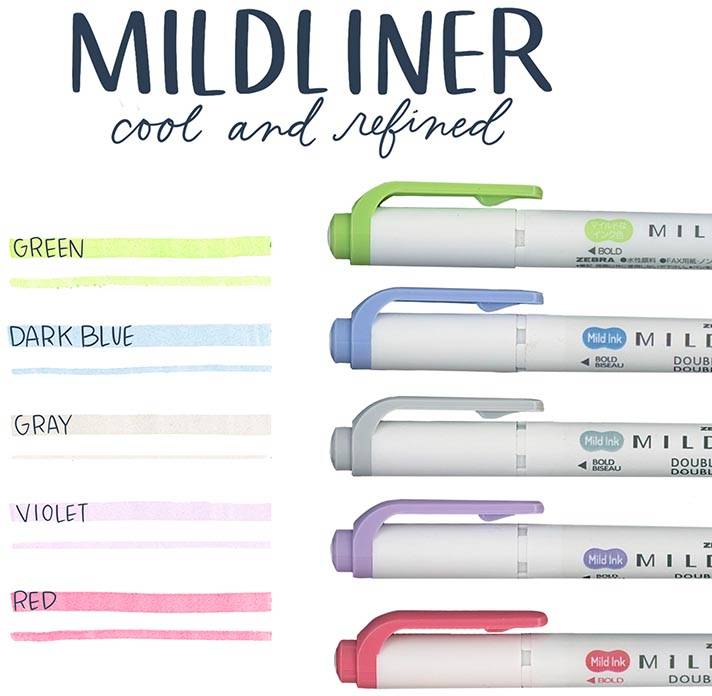 ZEBRA MILDLINER markeerstift, dubbele punt, Cool, etui van 5 stuks, in geassorteerde kleuren