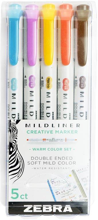 ZEBRA MILDLINER markeerstift, dubbele punt, Deepwarm, etui van 5 stuks, in geassorteerde kleuren