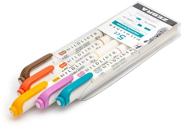 ZEBRA MILDLINER markeerstift, dubbele punt, Deepwarm, etui van 5 stuks, in geassorteerde kleuren