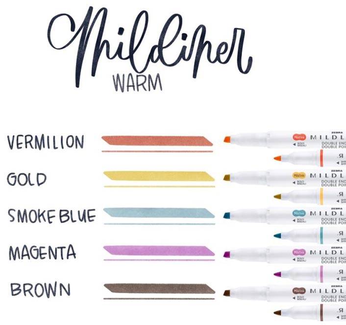 ZEBRA MILDLINER markeerstift, dubbele punt, Deepwarm, etui van 5 stuks, in geassorteerde kleuren