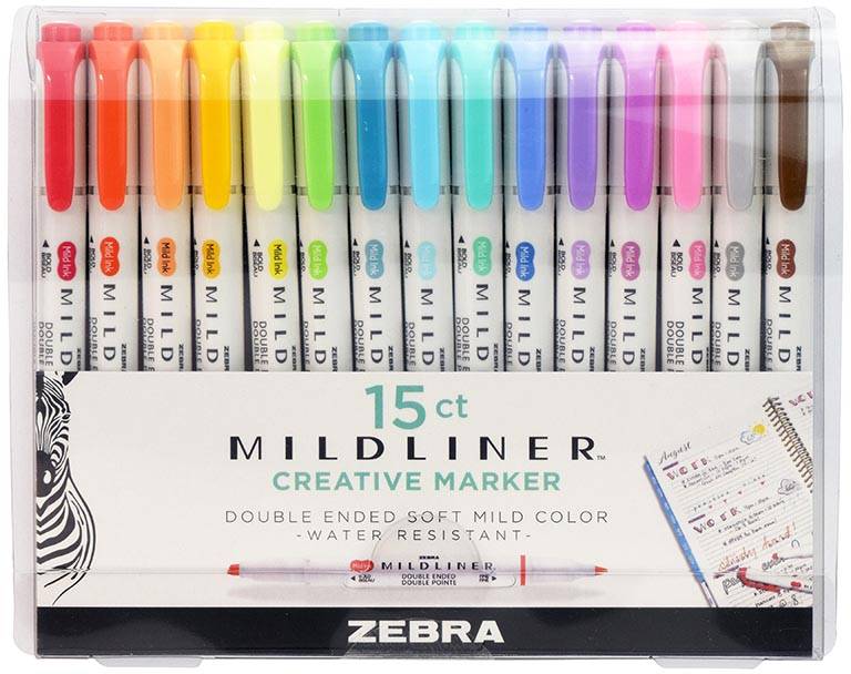 ZEBRA MILDLINER markeerstift, dubbele punt, etui van 15 stuks in geassorteerde kleuren
