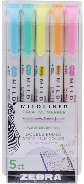 ZEBRA MILDLINER markeerstift, dubbele punt, Fluor, etui van 5 stuks, in geassorteerde kleuren