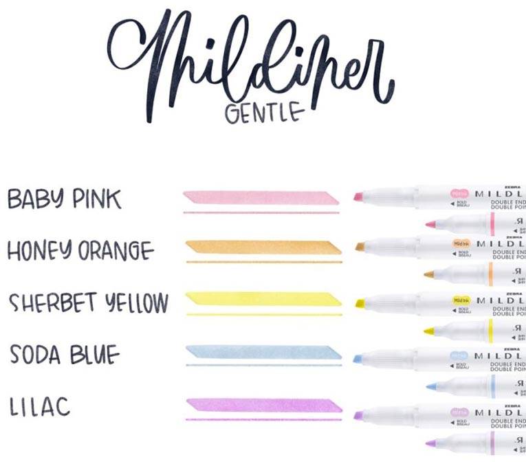 ZEBRA MILDLINER markeerstift, dubbele punt, Gentle, etui van 5 stuks, in geassorteerde kleuren