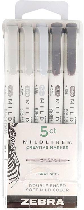 ZEBRA MILDLINER markeerstift, dubbele punt, Grey set, etui van 5 stuks, grijstinten