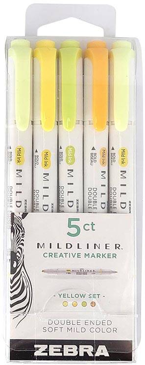 ZEBRA MILDLINER markeerstift, dubbele punt, Yellow, etui van 5 stuks, in geassorteerde kleuren
